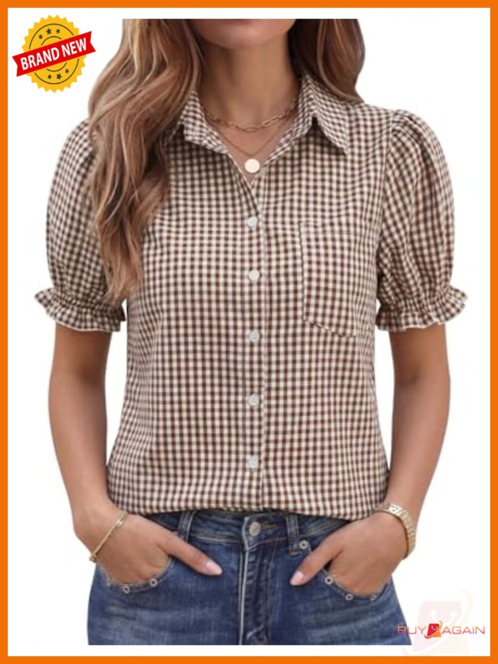 Linen Blend Puff Sleeve Button Down Blouse Ruffled Cuffs